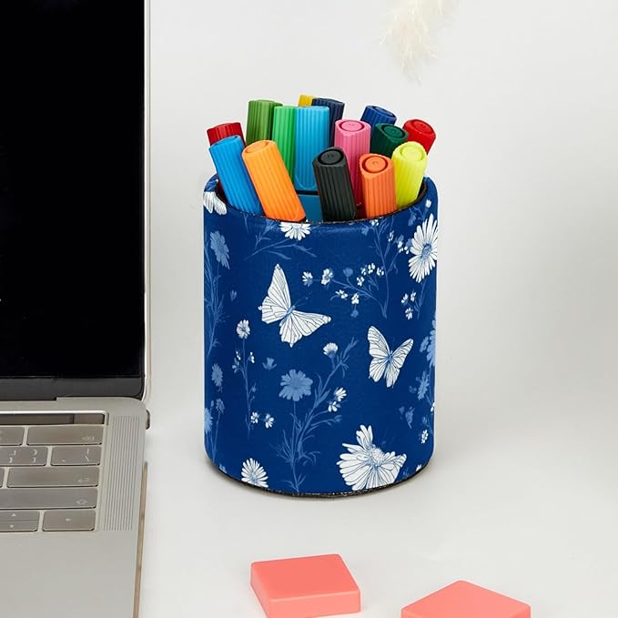 Leather Pen Holder for Desk Blue Butterfly Pencil Cup Desktop Organizer Makeup Brush Holders Office Supplies for Home, Kids & School