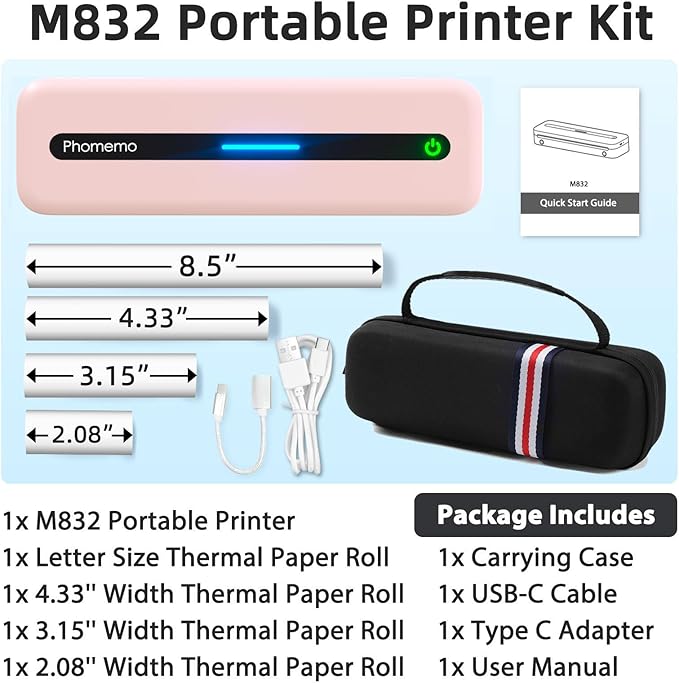 Phomemo M832 Portable Printers Wireless for Travel, Bluetooth Inkless Thermal Printer, Support 8.5"x11"/A4/4.33"/3.15"/2.08" Thermal Paper, Compatible with iPhone Laptop for Office School Home Use