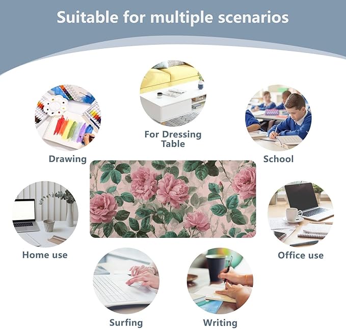 Mouse Pad Desk Mat Leather Desk Pad Large Gaming Desk Cover Protector Mat for Keyboard Computer Laptop Office Waterproof 47.2 x 23.6 Inch Pink Vintage Roses with Leaves