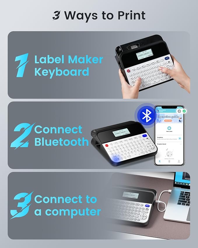 3/4 Inch Label Maker Machine with-Tape Waterproof, D480BT Bluetooth Rechargeable Label Maker Large Print with Keyboard, Connect PC & Phone, Backlit Screen, Create Via BZ Label 9mm~18mm