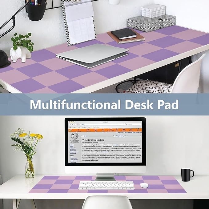 Mouse Pad Desk Mat Leather Desk Pad Large Gaming Desk Cover Protector Mat for Keyboard Computer Laptop Office Waterproof 47.2 x 23.6 Inch Checkered Purple