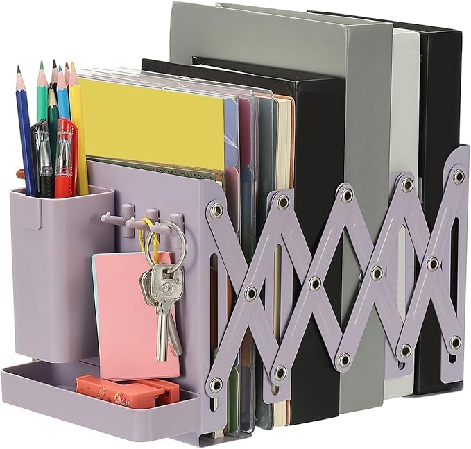 PATIKIL Adjustable Book Ends, 6.5" Tall Heavy Duty Metal Adjustable Bookends Book Holders Organizer with Removable Pen Holder Tray and 3 Hook-up for Heavy Books Desk Office Home, Purple