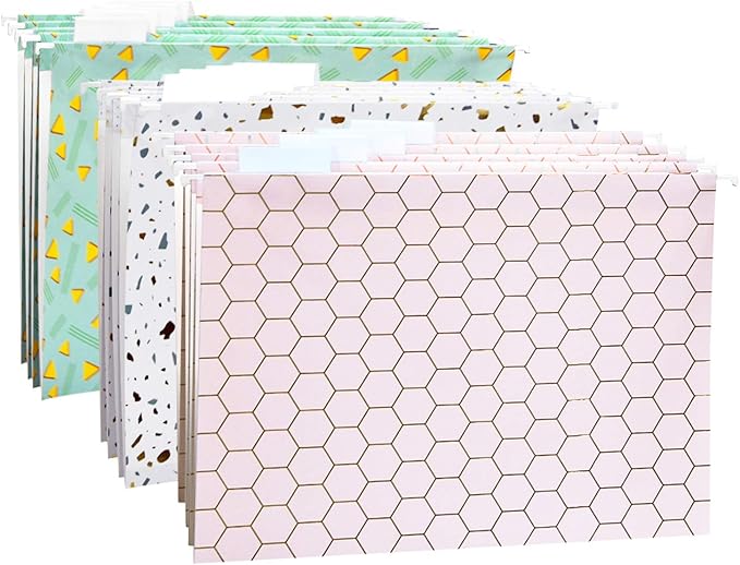CharaVector Hanging File Folders Letter Size Assorted Durable Refined Design Decorative Hanging File Folder Set, 1/5-Cut Adjustable Tabs, 30pcs for Cabinet,File Organizer,Honeycomb