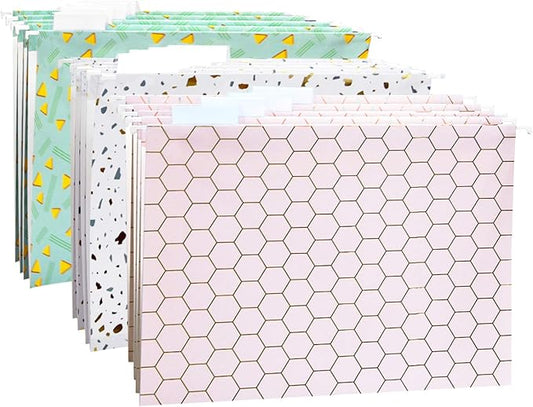 CharaVector Hanging File Folders Letter Size Assorted Durable Refined Design Decorative Hanging File Folder Set, 1/5-Cut Adjustable Tabs, 30pcs for Cabinet,File Organizer,Honeycomb