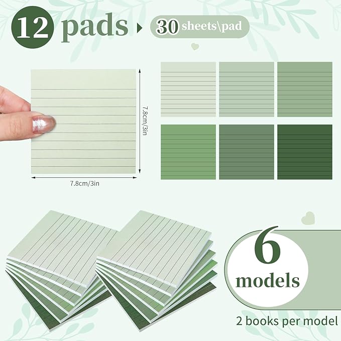 12Pcs Sage Green Lined Sticky Note 3 x 3 Inch Assorted Green Self Adhesive Notepad Removable Memo Pad for Summer Home School Office Supplies