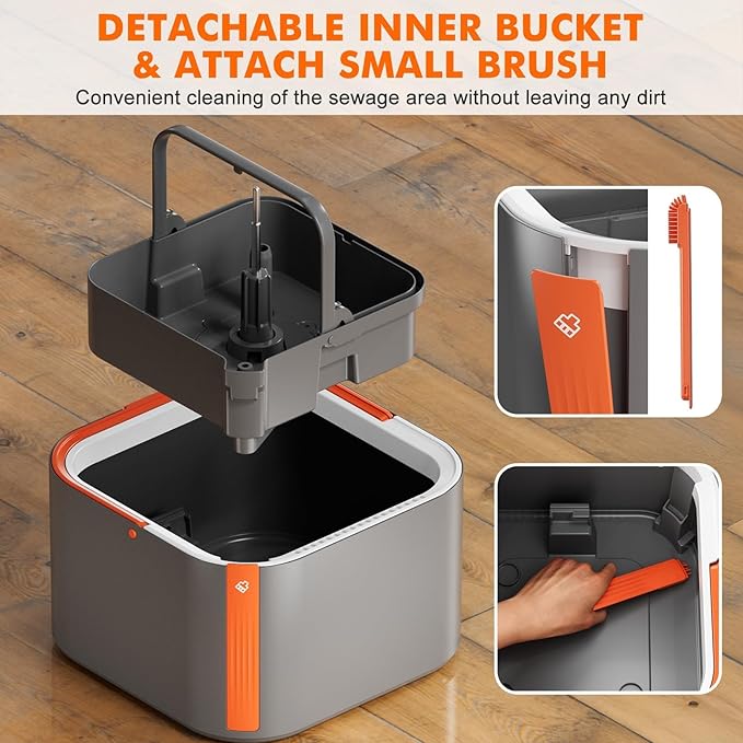 Upgraded Spin Mop and Bucket System Set, Self Separate Clean and Dirty Water, Foldable Square Standing Mop Head with Microfiber Mop Pads, Detachable Bucket (Grey+Orange, Mop Set with 6PC Pads)