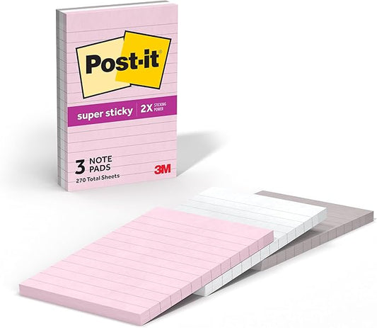 Post-it Super Sticky Notes, 3 Lined Note Pads, 4 x 6 in., 2X The Sticking Power, School Supplies and Office Products, Sticky Notes for Vertical Surfaces, Monitors, Walls and Windows, Simply Serene