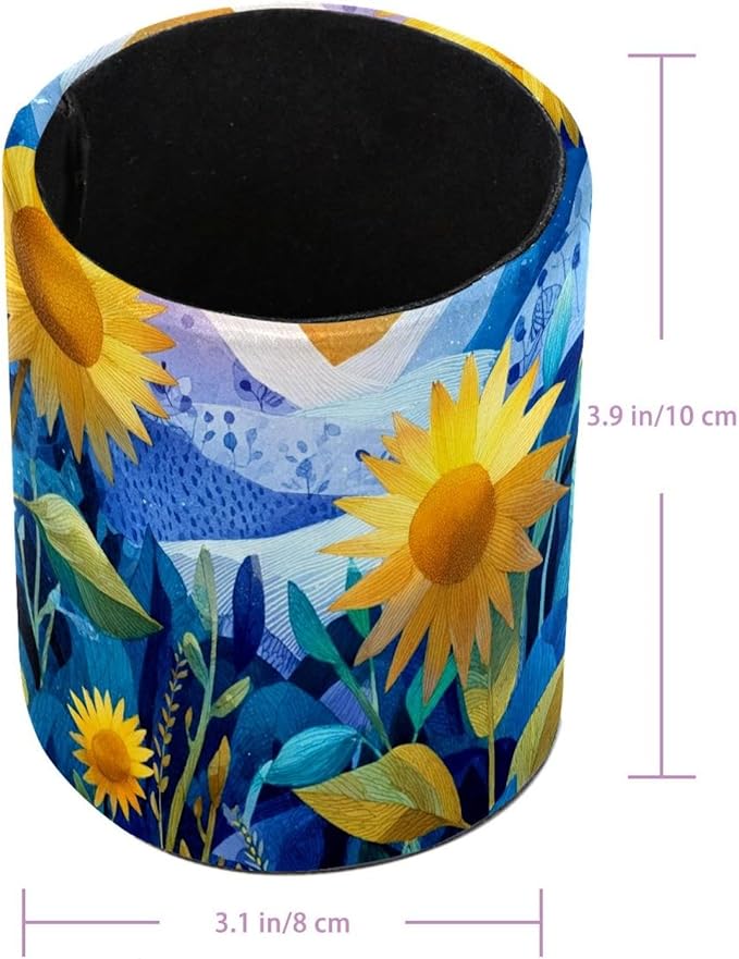 1 Pack Watercolor Art Sunflower Circular Pen & Pencil Holder - Durable PU Leather Pencil Cup, Desk Accessories Organizer for Office Desk School Home