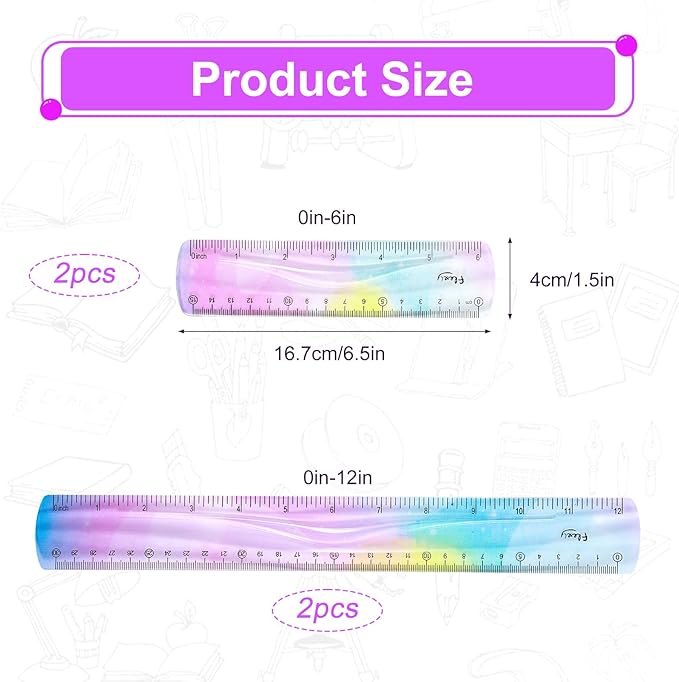 4 PCS Flexible Bendable Ruler Soft Plastic Gradient Colour Ruler with Centimeters and Inches Unbreakable for Classroom Homes Office Supplies,30cm 15cm Set