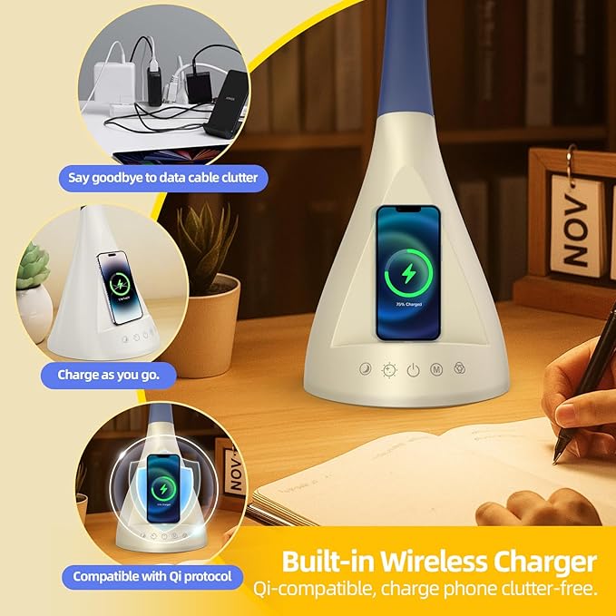 LED Desk Lamp with USB Charging Port, Dimmable Reading Light Touch Control and Eye Protection, Adjustable Brightness Table Lamp for Home Office Bedroom (White)