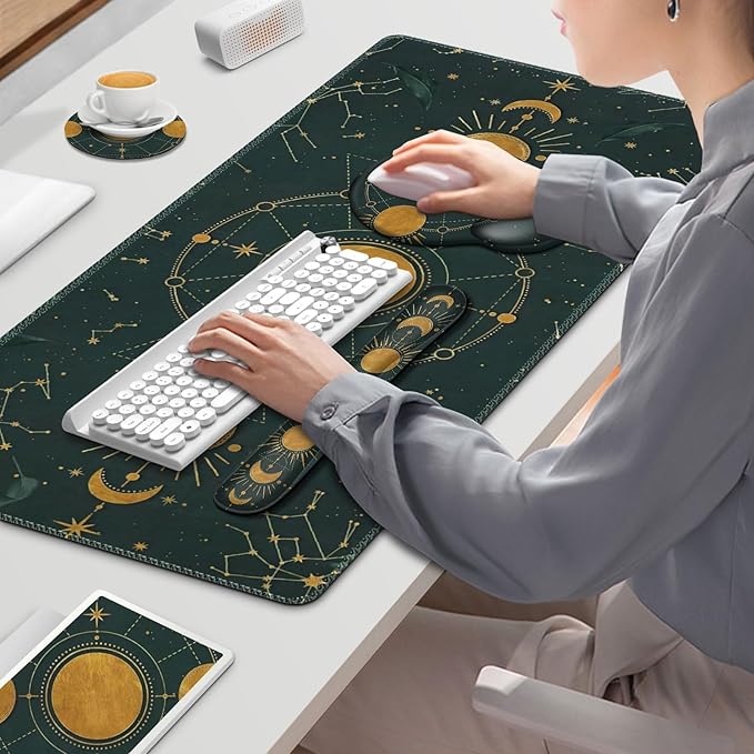Large Desk Mat, Gaming Mouse Pad, Desk Pad Protector, XXL Mousepad + Keyboard Wrist Rest+Mouse Wrist Rest+Coaster Ergonomic Desk Pad for Home Office Decor, Dark Green Gold Moon Phases Constellation