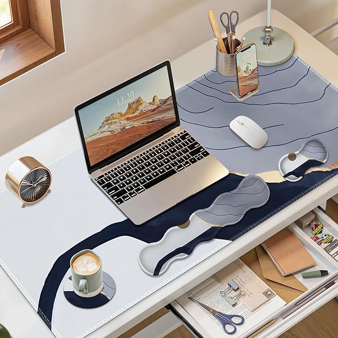 Gaming Mouse Pad Keyboard Wrist Support, 4 in1 Mousepad with Wrist Keyboard Rest, Computer Desk Mat, Non-Slip Desk Pad with Memory Foam Easy Typing Pain Relief I Grey Abstract Moon Mountain