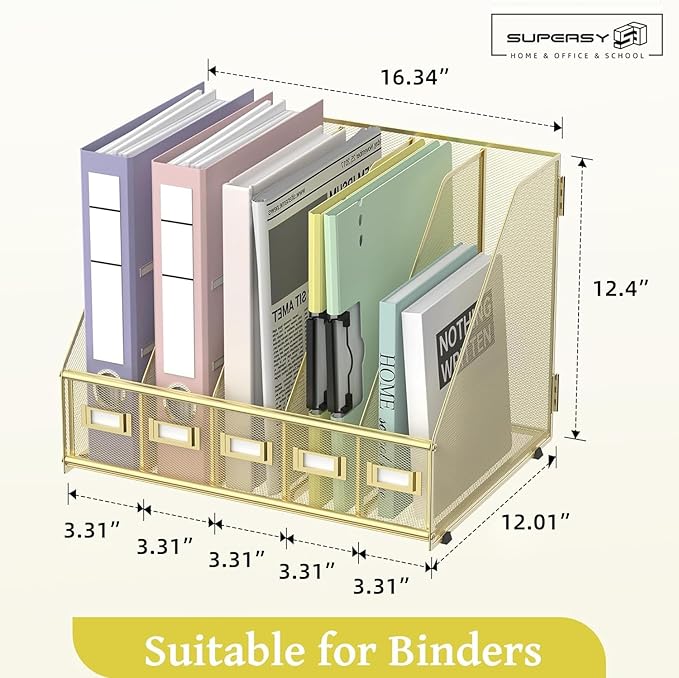 SUPEASY Desk Organizers Metal Desk Magazine File Holder with 5 Vertical Compartments Rack File Organizer for Office Desktop, Home Workspace, Gold Plus