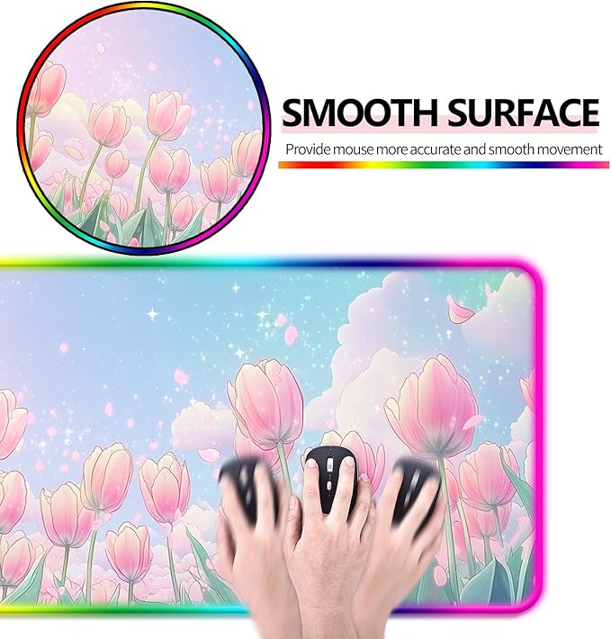 RGB Pink Flower Tulips Gaming Desk Mat, Computer Keyboard Large Extended Long Floral LED Mouse Pad for Office and Home, XL (W30)