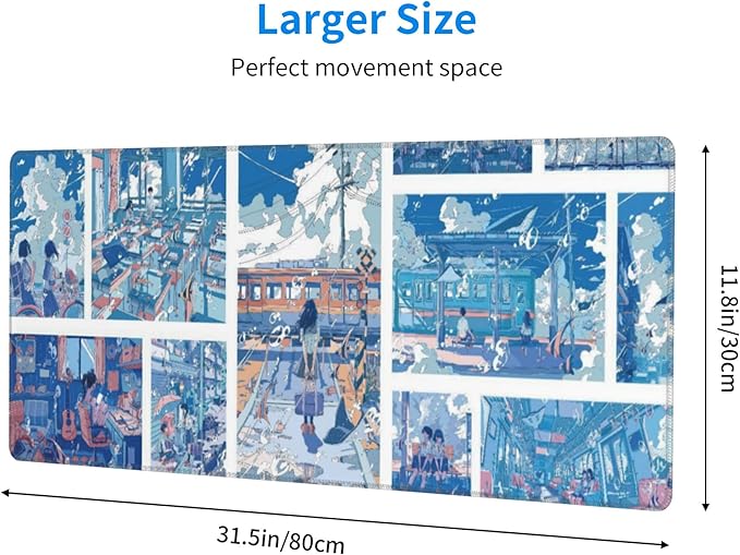 Anime Style Youth Campus Large Mouse Pad, Blue Fantasy Gaming Desk Mat, XL Keyboard Desk Pad Mat for Desktop, 31.5"x11.8" Non-Slip Base Big Mousepad with Stitched Edges