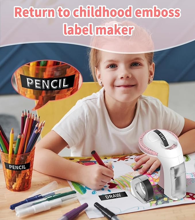 Vixic Embossing Label Maker Machine with Tapes, Vintage Embossed Label Maker, Retro Embossing Machine with 10 Rolls 9mm 3D Embossing Label Tapes for Home Office Kids DIY Crafting School, Pink