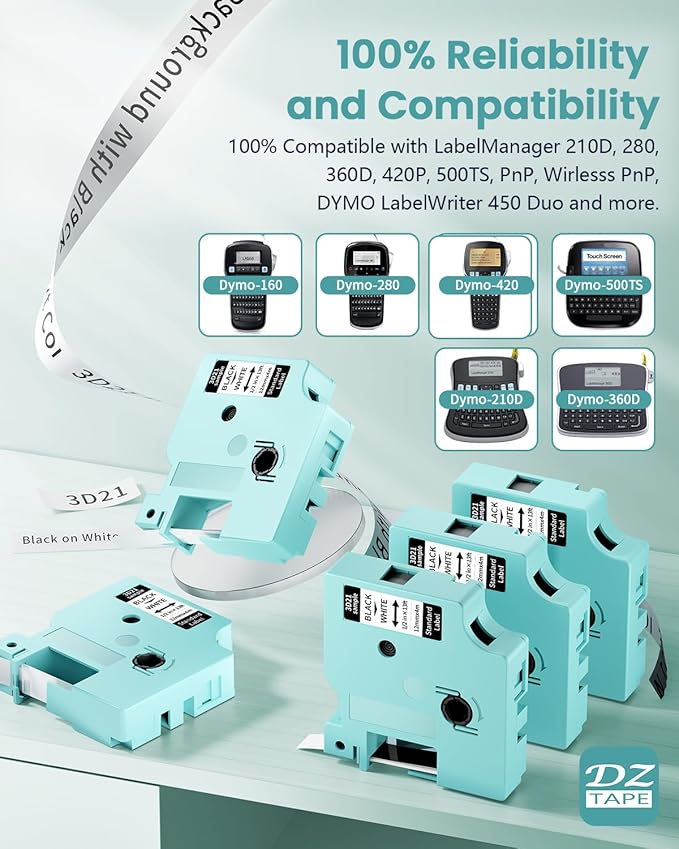 LM1600 D1600 Label Maker Tapes Compatible DYMO D1 Label Tape 45013 S0720530 Replace for D1 A45013 Refills, for DYMO LabelManager 160 420P 210D 280 360D PnP, Black on White, 1/2 Inch x 23Ft