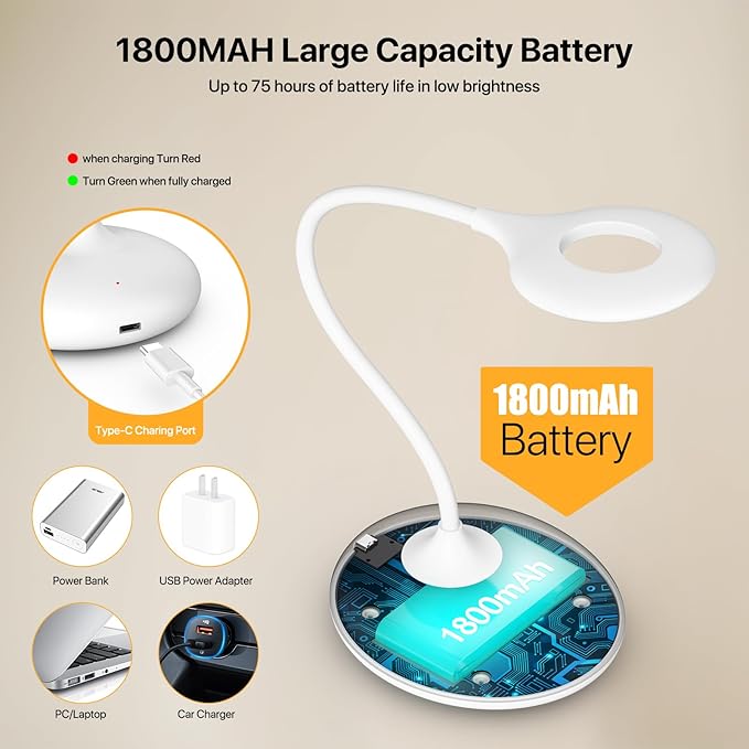 LED Desk Lamp with 3 Color Modes, Touch Control 30 LEDs Table Lamp, Stepless Dimming Reading Light,360° Flexible, Rechargeable Portable Eye-Caring Sleep Aid for Dorm Study Office Bedroom, White