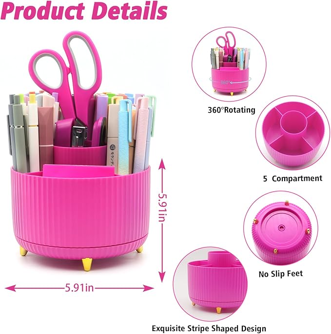Hot Pink Desk Accessories, UPIHO Rotating Pen Holder Set,Hot Pink Office Supplies with Stapler and Tape Dispenser Set, Gifts for Office Clerks,Student