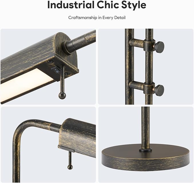 VONLUCE Rustic Desk Lamp, Adjustable Industrial Style Metal Table Lamp, 3 Color Temperatures LED Reading Lamp for Living Room Bedroom Office, Antique Black