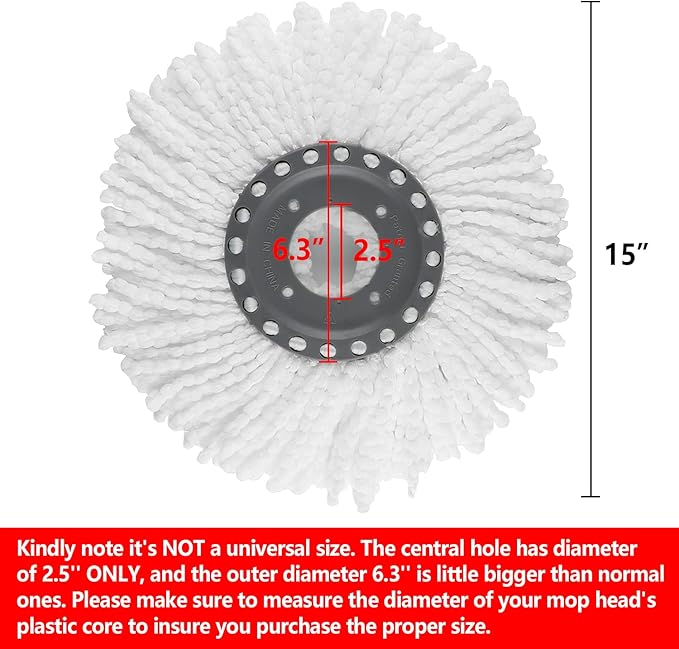 4 Premium Replacement Mop Heads Refills, Compatible for Hurricane Spin Magic Mop Head, fits 6.3‘’ Standard Replacement Round Spin Mop Heads Microfiber, Inner Hole 2.5'' Only - Machine Washable, White
