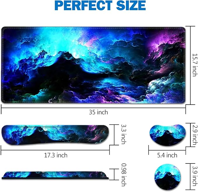 AIMSA Keyboard Mouse Pad Wrist Rest Set, Extended Desk Mat+ Ergonomic Mouse Pad with Wrist Rest+ Keyboard Wrist Support+ Coaster, 35x15.7in Large Mousepad for Home Office, Nebula Galaxy