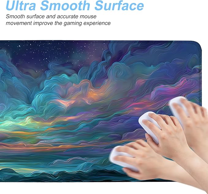 Starry Night Ocean Waves Mouse Pad – Large 31.5" x 11.8" Abstract Seascape Desk Mat with Vibrant Blue, Green & Purple Waves and Starry Sky, Non-Slip Rubber Base, Smooth Surface for Gaming & Office