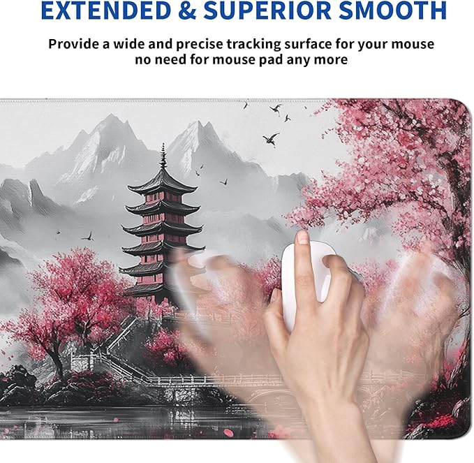 Pagoda Mouse Pad Abstract Cherry Blossom Watercolor Mouse Pad 31.5x11.8 Inch Texture Non-Slip Rubber Base Large Mousepad Stitched Edges Keyboard Mouse Mat Desk Pad for Office and Home