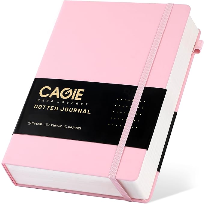 CAGIE Bullet Dotted Journal Notebook 320 Pages 100 GSM Paper Hardcover B5 Dot Grid Notebook Leather Journals for Writing Women Men Work Journaling, Pink