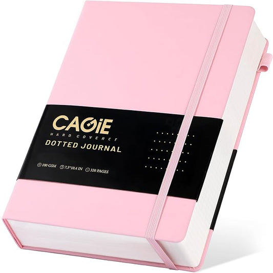 CAGIE Bullet Dotted Journal Notebook 320 Pages 100 GSM Paper Hardcover B5 Dot Grid Notebook Leather Journals for Writing Women Men Work Journaling, Pink