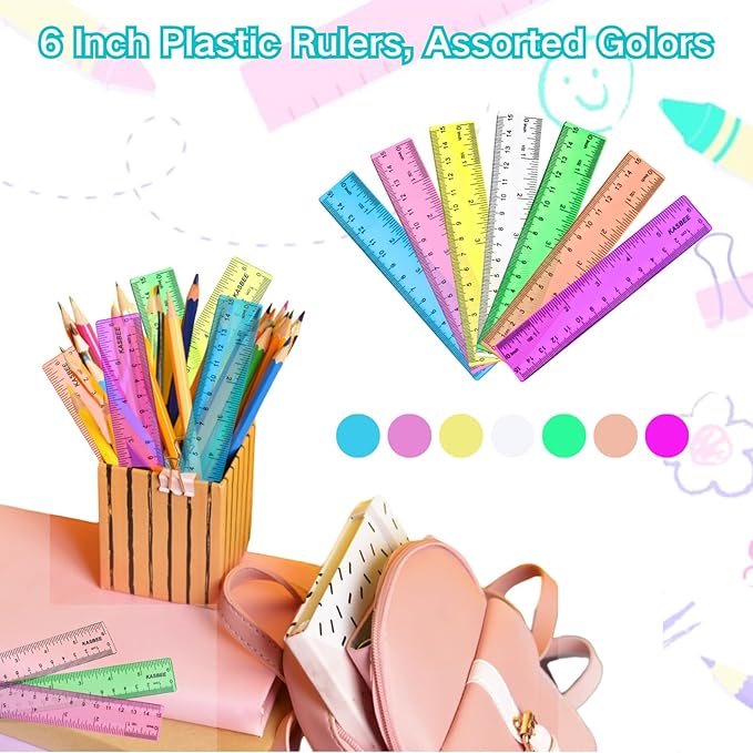 6 Inch Rulers, Colored Clear Rulers, Centimeters and Inches, Plastic Ruler for Kids, School, Home, Office, Pack of 7