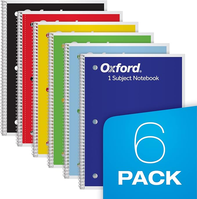 Oxford Spiral Notebook 6 Pack, Bulk Wide Ruled Spiral Notebooks for School, 1 Subject Journal, Wide Ruled Paper, 8 x 10-1/2 Inch, Blue, Yellow, Red, Light Blue, Green and Black, 70 Sheets (65010) (Pack of 4)