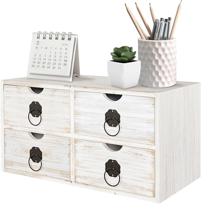Wood Desk Organizer, White Wooden Desktop Organizer with Drawer, Tabletop Storage Organization Box for Countertop, Home Office Supplies, Bills (4 Drawer)
