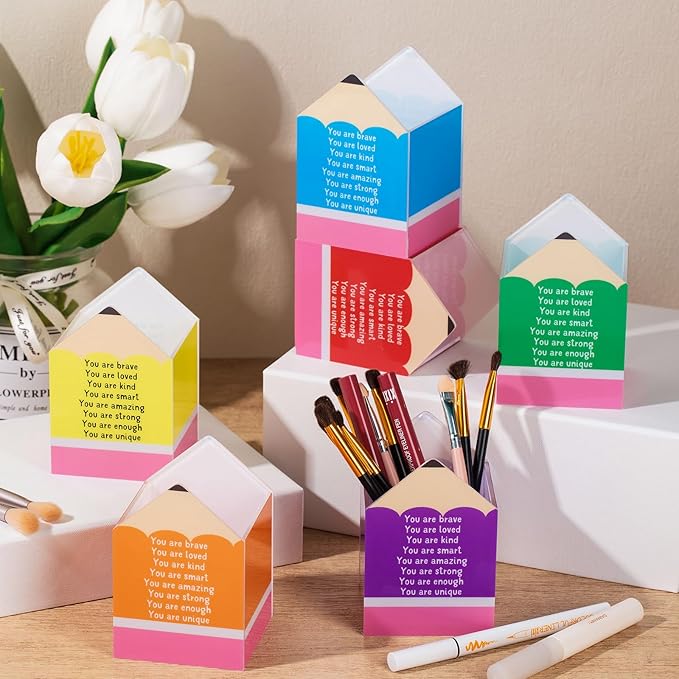 Sherr 12 Pcs Pencil Shaped Pen Holders, Acrylic Pencil Organizer Cups, Cute Creative Stationery Storage, Appreciation Gifts for Teacher Student School Classroom Office Home Desktop Supplies (Positive)
