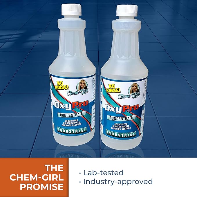Chem-Girl OxyPro Concentrated Multi-Purpose Surface Cleaner to the Rescue - Chlorine-Free, Oxygen-Powered Stain & Odor Remover, 5 Percent Hydrogen Peroxide (H2O2), 1 Quart, 2-Pack