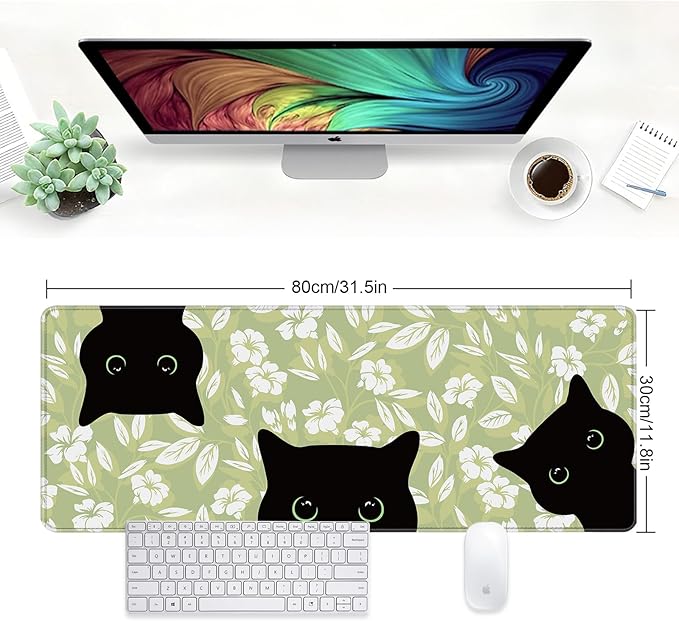 Large Desk Mat, Desk Matt for Desktop, Computer Gaming Mouse Pads, Anti-Slip Rubber Base, Stitched Edges Soft Mat for Desktop Office Home 31.5 x 11.8 Inches (Cute Green Leaf Cat)
