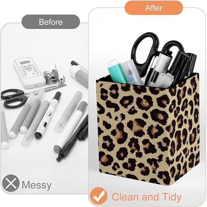 Square Pen Holder & Pencil Organizer for Desk - Office Storage Organizer, Markers/Makeup Brushes/Scissors Holder, Compact Desk Decor Accessories for Home Classroom School(Leopard grain)