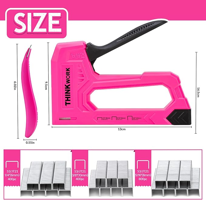 THINKWORK Light Duty Staple Gun, Pink Upholstery Staple Gun for Wood with 1600pcs JT21 Staples 1/4", 5/16", 3/8" and Staple Remover, Women Fabric Stapler Gun for Crafts, Wall, Arts, DIY, Decoration