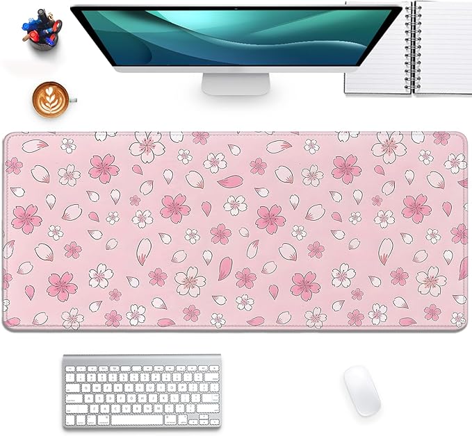 Japanese Cherry Blossoms Extended Desk Pad Mouse Pad,Large Gaming Floral Mouse Mat with Stitched Edges,Non-Slip Rubber Base Mousepad for Office Computer Keyboard Laptop Home(27.5X11.8 in)