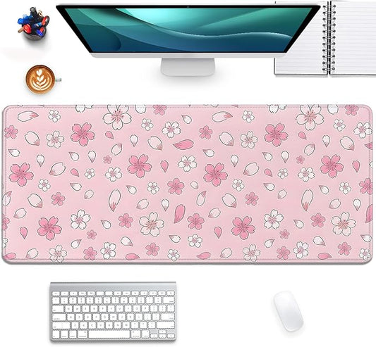 Japanese Cherry Blossoms Extended Desk Pad Mouse Pad,Large Gaming Floral Mouse Mat with Stitched Edges,Non-Slip Rubber Base Mousepad for Office Computer Keyboard Laptop Home(27.5X11.8 in)