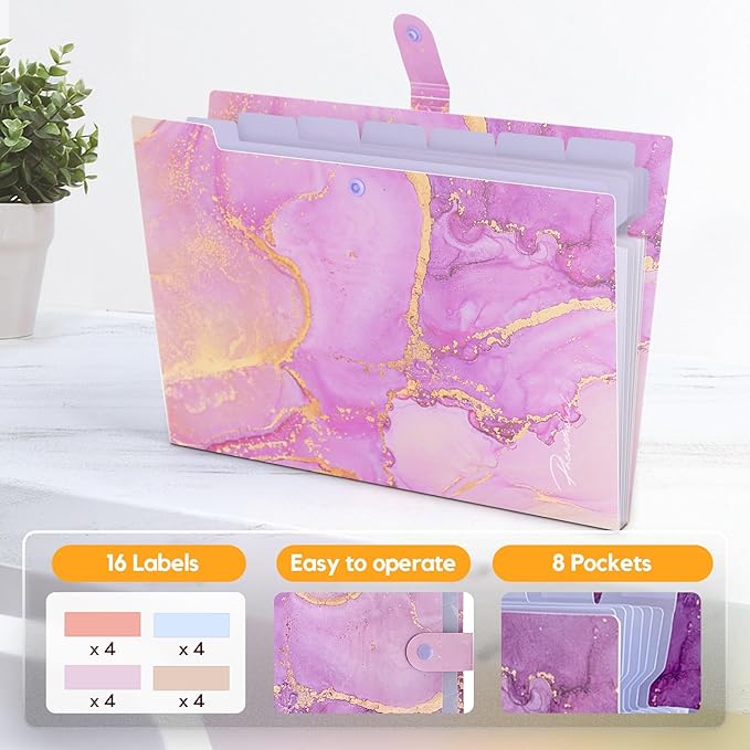 Expanding File Folder, Folders for Important Documents Organizer, Accordion File Organizer, Aesthetic Folders for School Students, 8 Pockets File Folder for Home Bills (Purple Gold Marble)