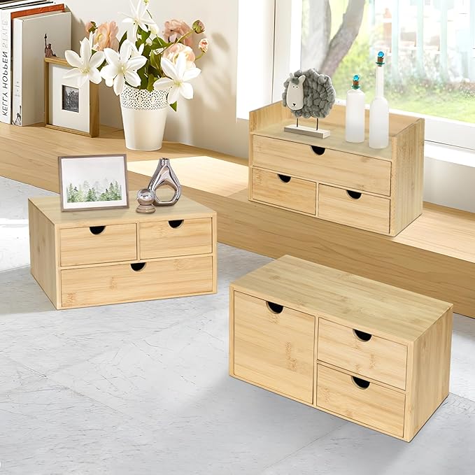 Bamboo Desk Organizer, Desktop Organizer with 3 Drawer, Tabletop Storage Organization Box for Bills, Countertop, Home Office Supplies