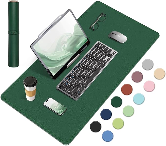 Dual-Sided Desk Pad, Natural Cork & PU Leather Mouse Pad for Desk, Desk Pad Protector, Non-Slip Desk Mat for Office and Home Work, (Dark Green, 23.6" x 13.7")