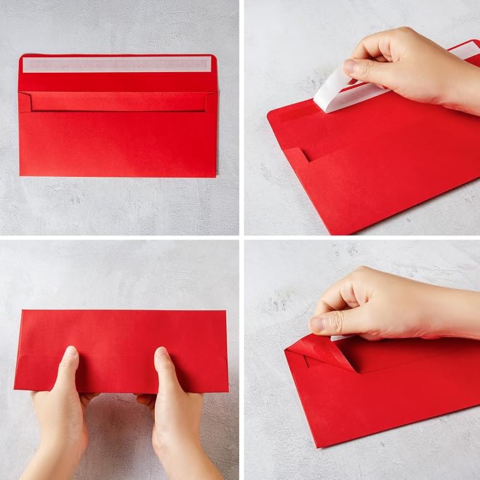Wishop 50 Pack #10 Business Envelopes Self Seal 4x9 Standard Envelopes for Business, Invoices, Letter Mailing, 4 1/8 x 9 1/2 Inches (Red, 4.13 x 9.49)