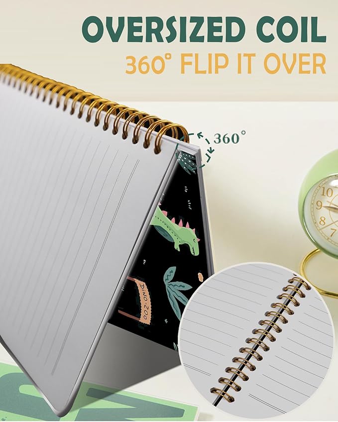 Ruled Spiral Writing Notebook,A5 Hardcover Lined College Journal for Women,Strong Twin-Wire Binding with Premium Paper,8.4" X 6",Perfect for School,Office,Home(Cute Dinosaurs)