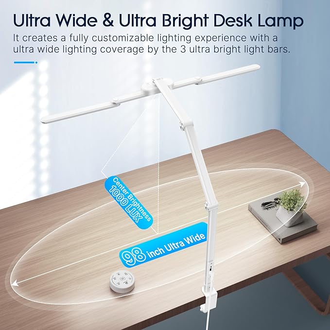Syrinx Desk Lamp with Gesture Sensor Switch and Remote Control, 24W Bright LED Desk Lamps for Home Office with 50 Light Modes Adjustable Desk Lamp with Clamp for Tables Up to 2.95 inches Thick