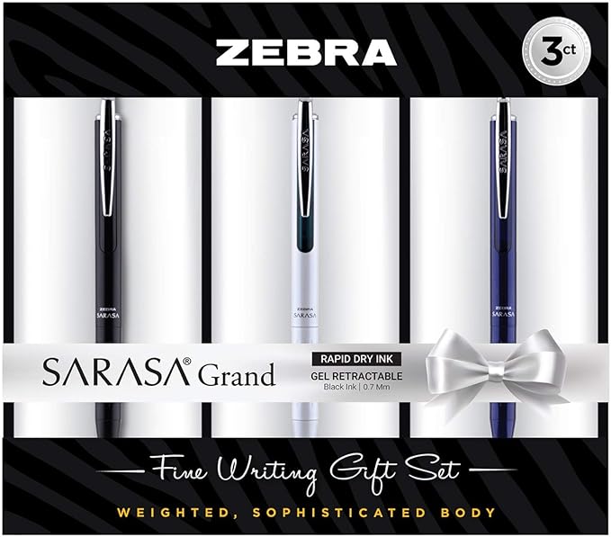 Zebra Pen Sarasa Grand Retractable Gel Pen Gift Set, White/Black/Navy Barrel, Medium Point, Black Ink, 3-Pack (45373)