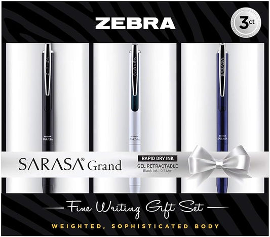Zebra Pen Sarasa Grand Retractable Gel Pen Gift Set, White/Black/Navy Barrel, Medium Point, Black Ink, 3-Pack (45373)