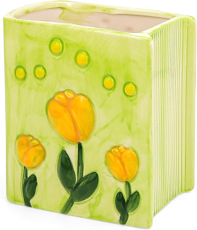 Book Vase Tulip Pencil Cup Pen Holder For Office Desk Decorative Books Yellow Flower Vase Cute Toothbrush Holders Home Decor Teacher Book Gifts for Women Small Makeup Brushes Holder