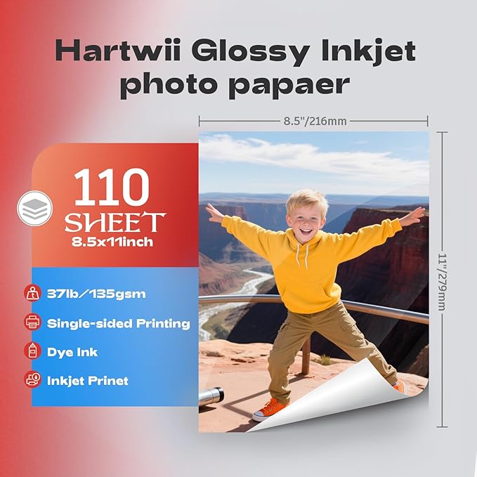Glossy Photo Paper 8.5x11 Inches, 110 Sheets Thin Inkjet Paper,135gsm 37lb Premium Photo Paper for Inkjet Printer with Dye Ink for Brochures Flyers Custom Chip Bag Party Favors